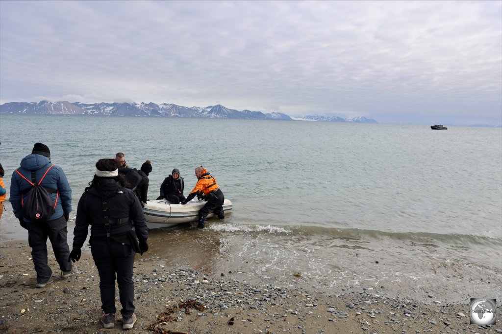 A ‘wet landing’ by dinghy at the very remote Poolepynten beach, with our speed boat in the background.