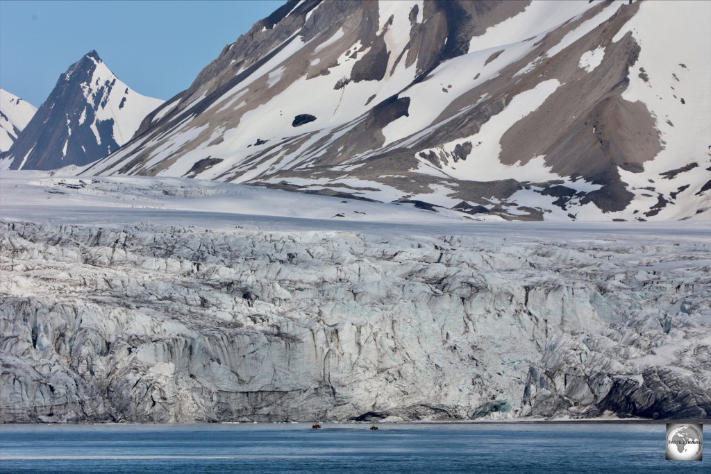 The Esmark glacier, which is 15 km wide, calves into Ymerbukta bay, on the northern side of Isfjorden.
