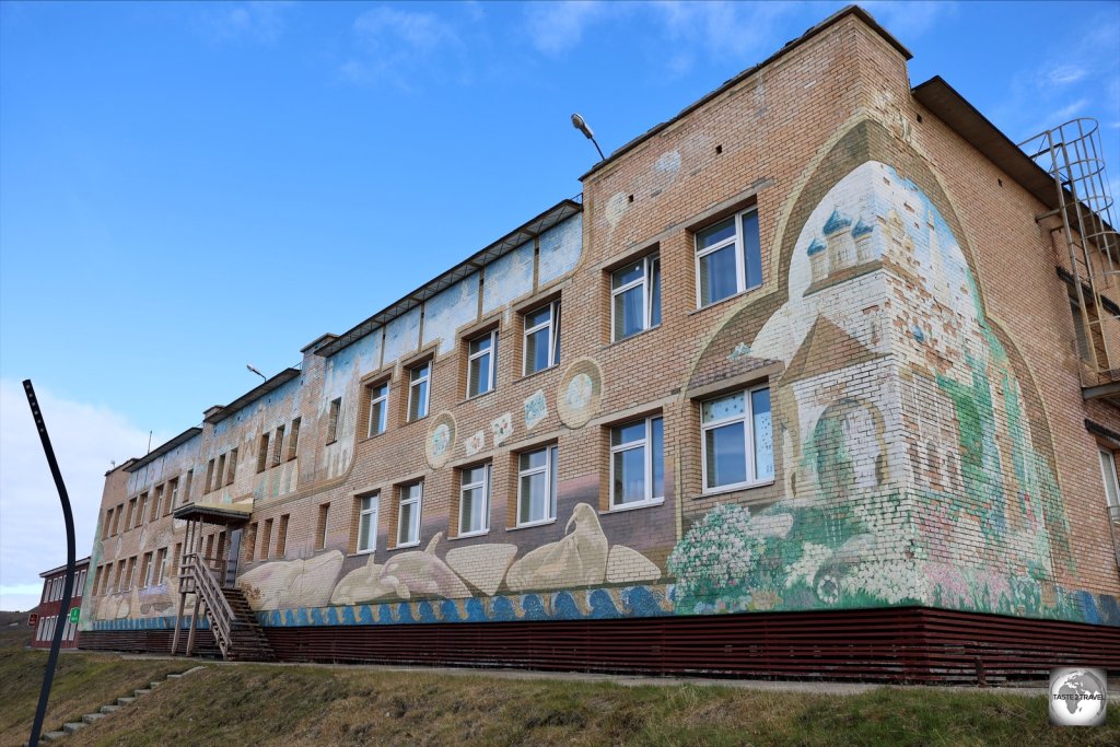 The one school building in Barentsburg features artwork which adds a splash of colour to this Arctic mining town.