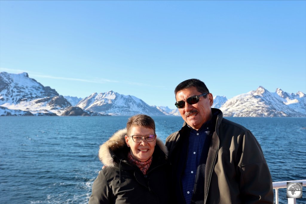 A Greenlandic couple of newlyweds, enjoying the views of their magnificent island from the deck of the Sarfaq Ittuk.
