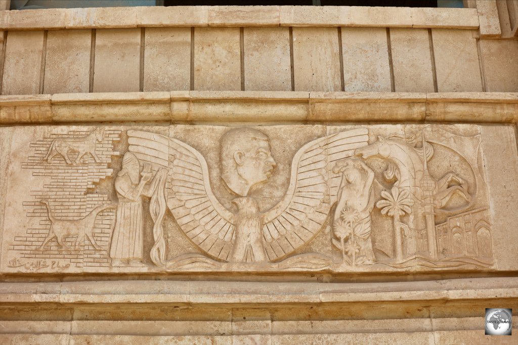 A door lintel at Saddam's Babylon palace features a bust of Saddam Hussein.