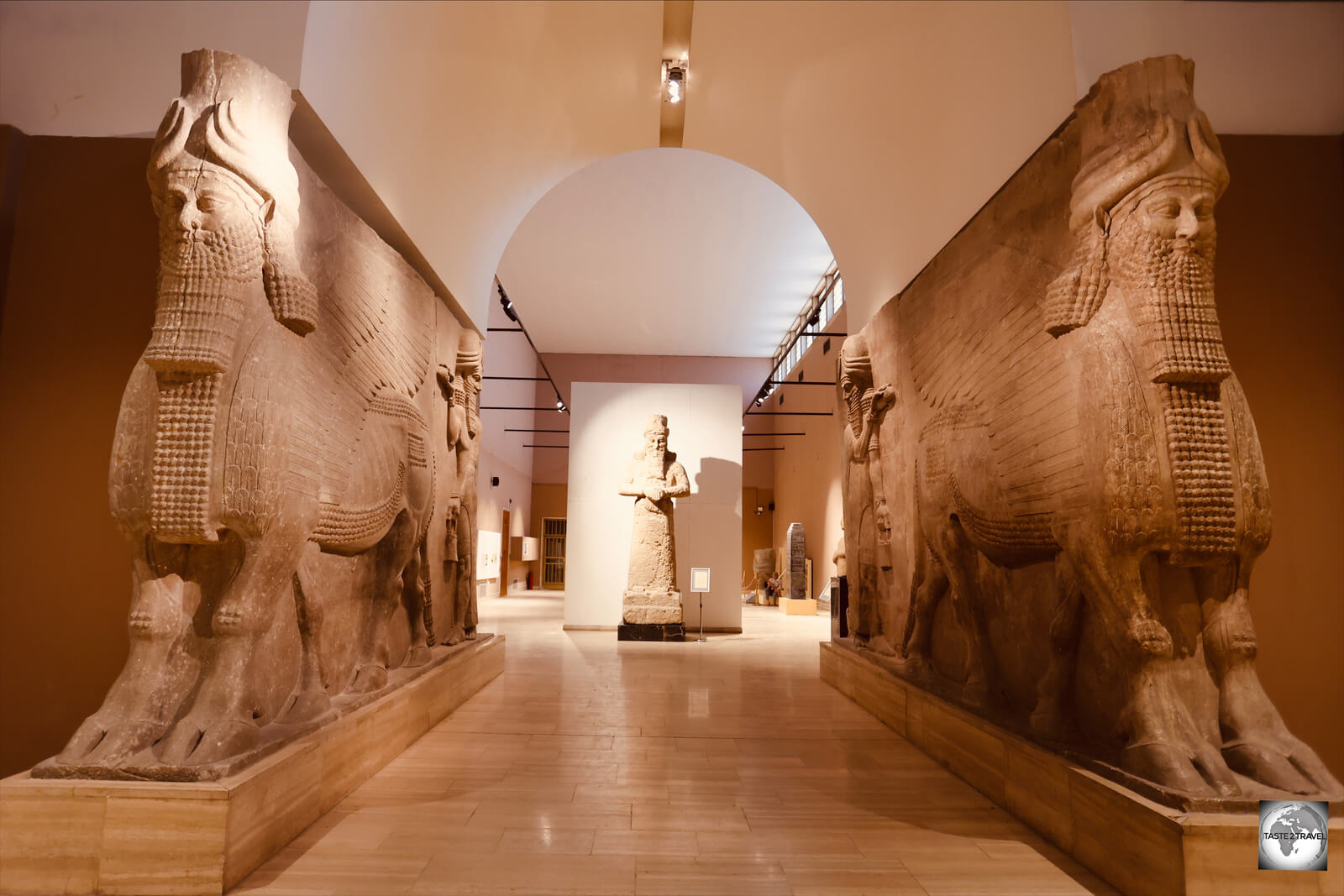 A highlight of the Iraq Museum, a pair of marble, winged-bull Lamassus which once guarded the entrance to the Assyrian city of Khorsabad.