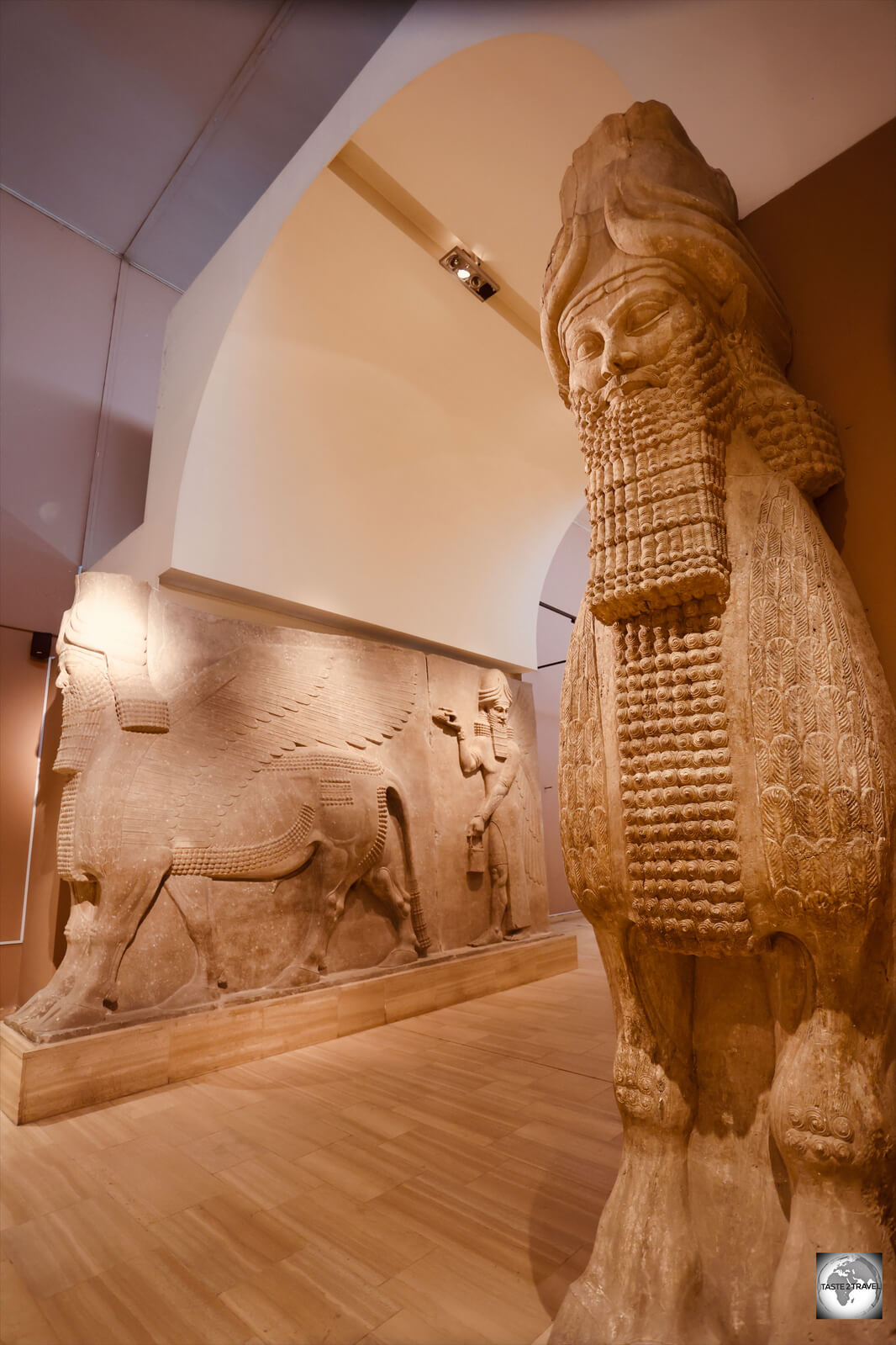 Detail of the marble, winged-bull Lamassus at the Iraq Museum.