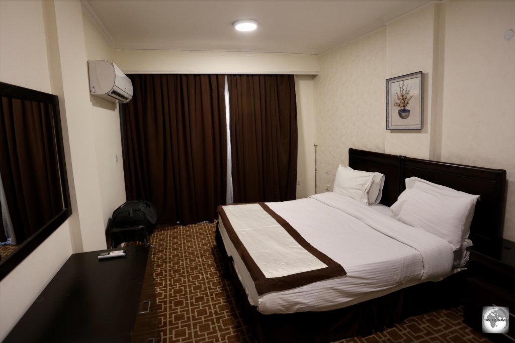 One of two bedrooms in the spacious suite at the Andalus Suite Hotel in Baghdad.