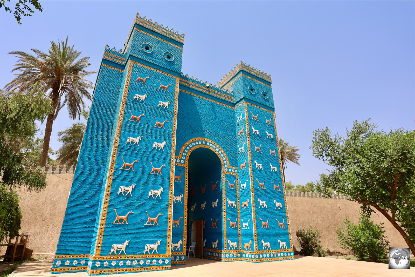 The very garish Ishtar Gate, the main entrance to ancient Babylon, is a modern reproduction, built under the orders of Saddam Hussein.