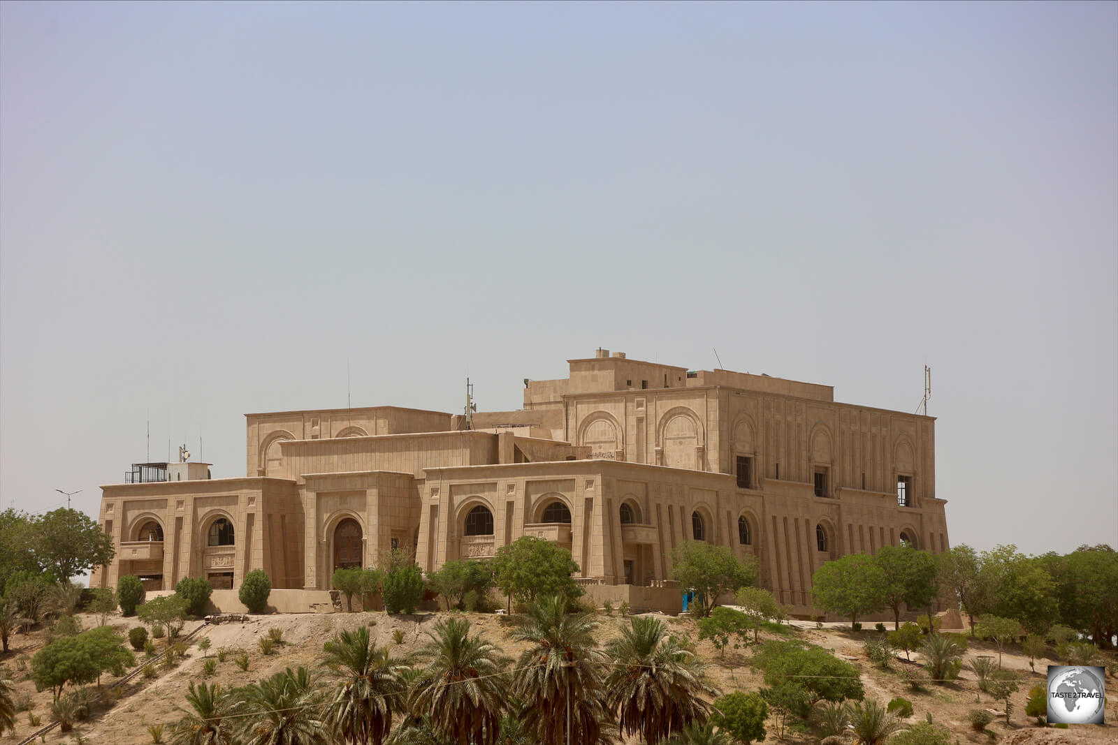 Built in the style of a Ziggurat, Saddam Hussein’s palace overlooks the ruins of Babylon.