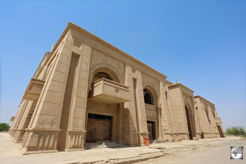 The front of Saddam Hussein's Babylon palace - one of more than 100 palaces he built across Iraq.