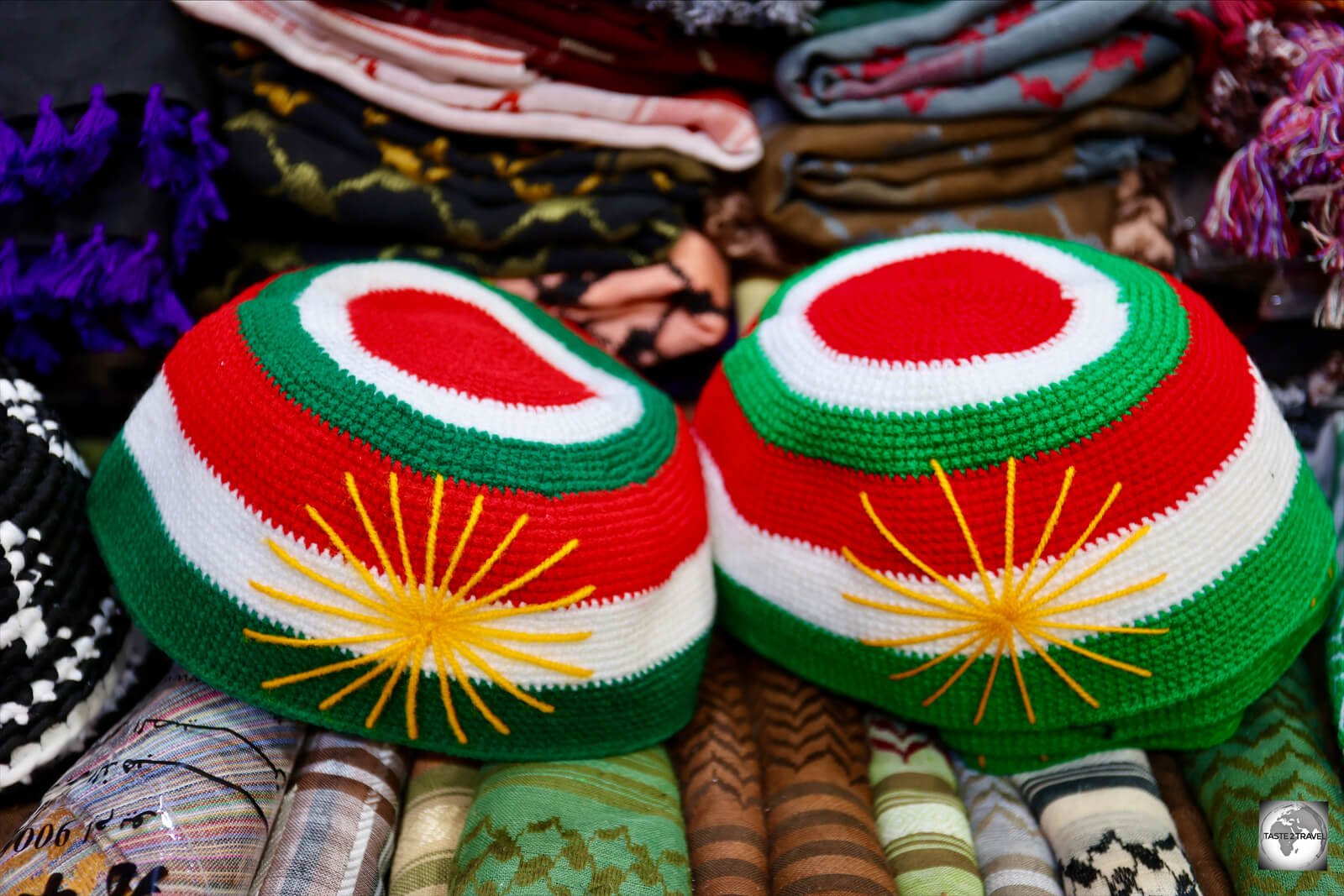 Kurdistan flag skullcaps, on sale at Erbil souk.
