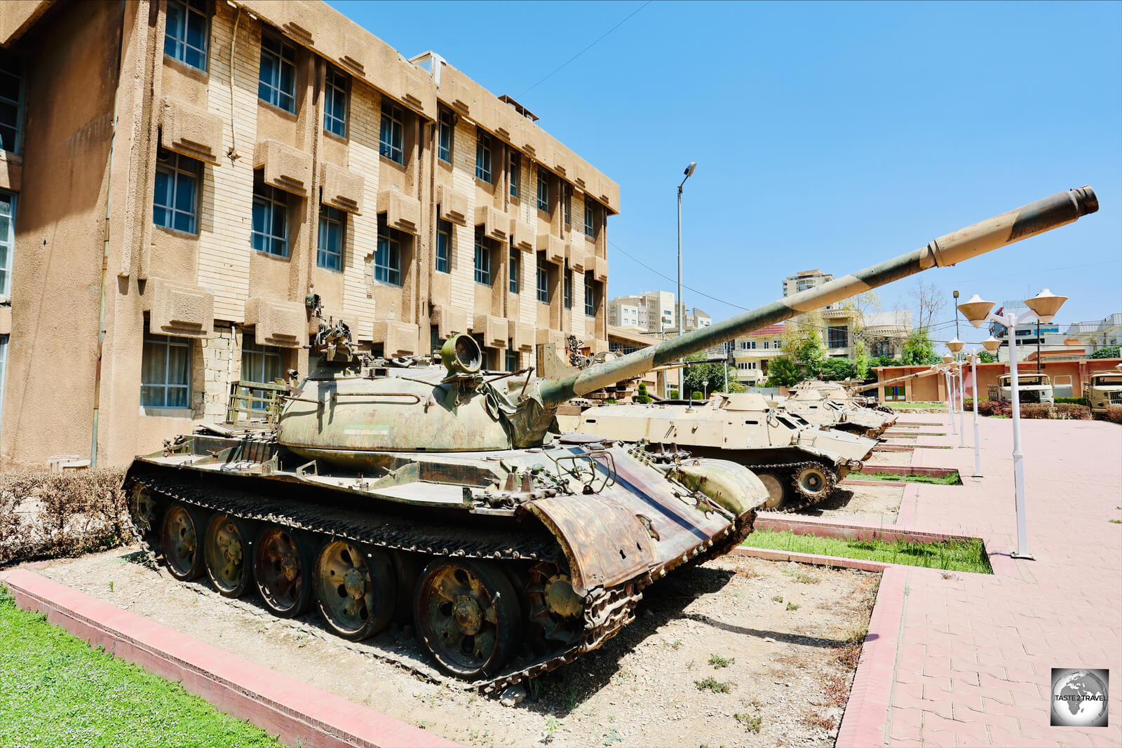 Iraqi tanks, which were captured by Peshmerga fighters, are parked in the courtyard of the Amna Suraka Museum.