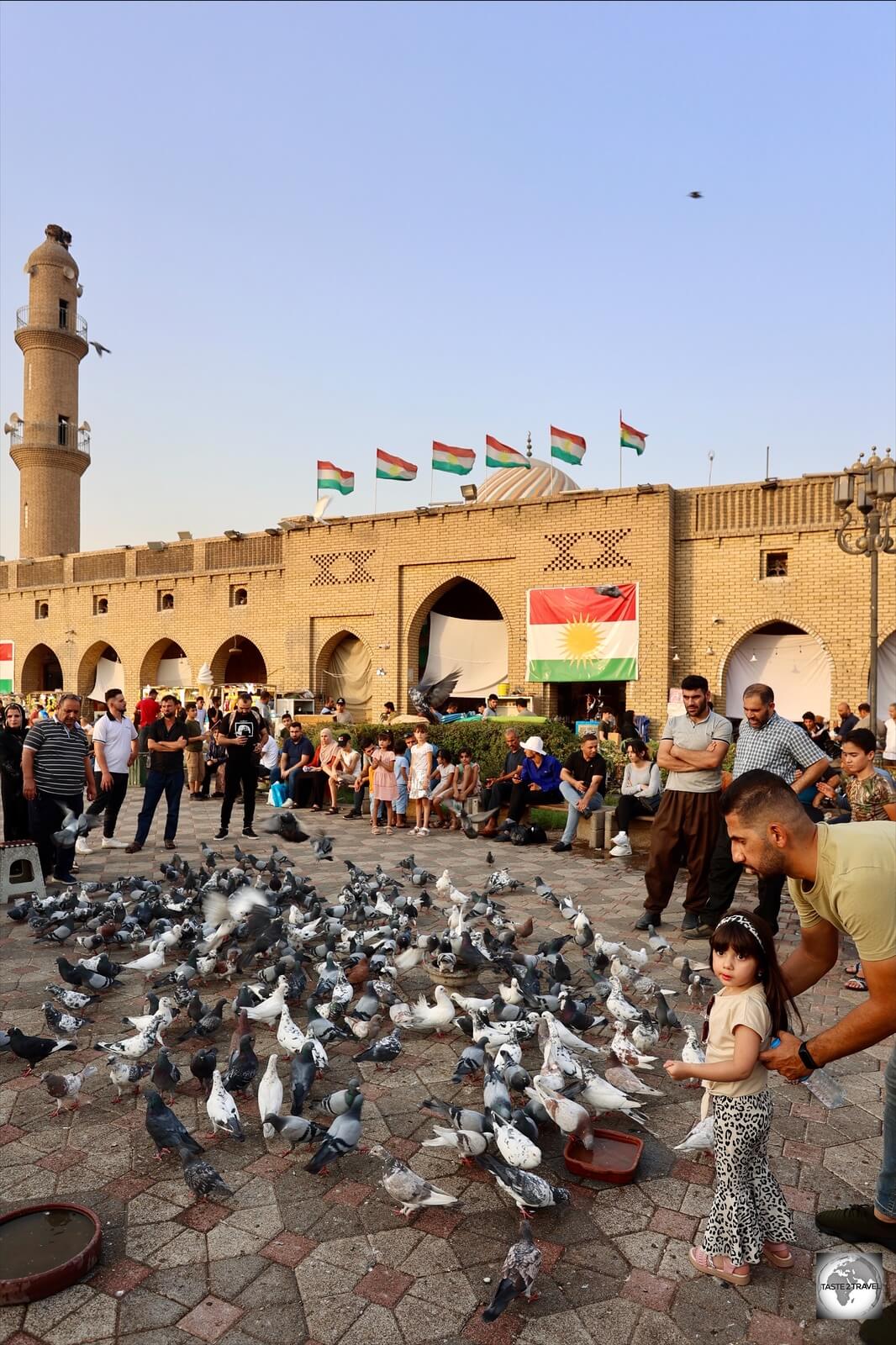 A girl feeding pigeons in the Fountains of Shar Park.