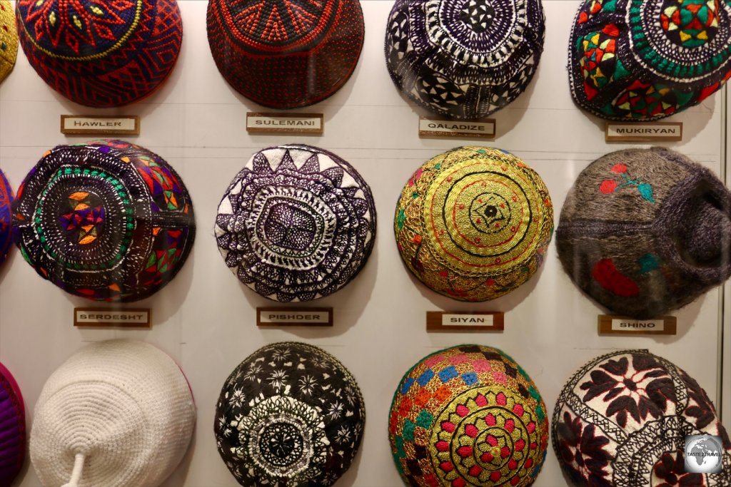 Kurdish skullcaps on display at the Kurdish Textile Museum in Erbil.