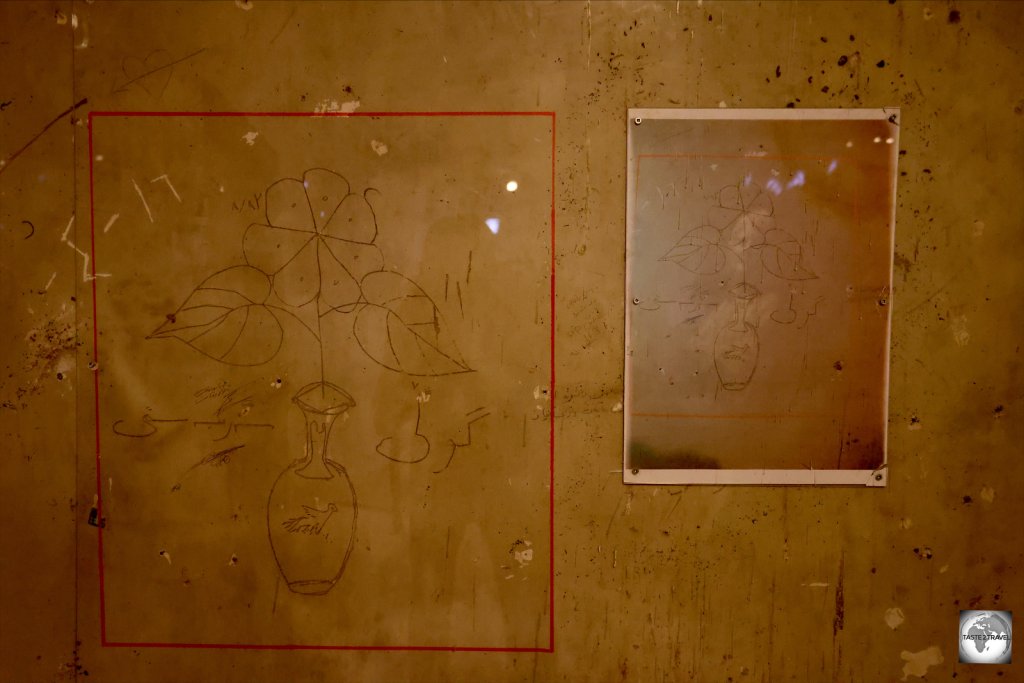 "Vase of Flowers" graffiti, drawn by a former prisoner on the walls of one of the cells inside the jail house.