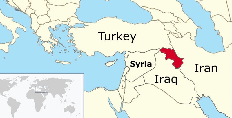 A map showing Iraqi Kurdistan, in red, and its neighbours.