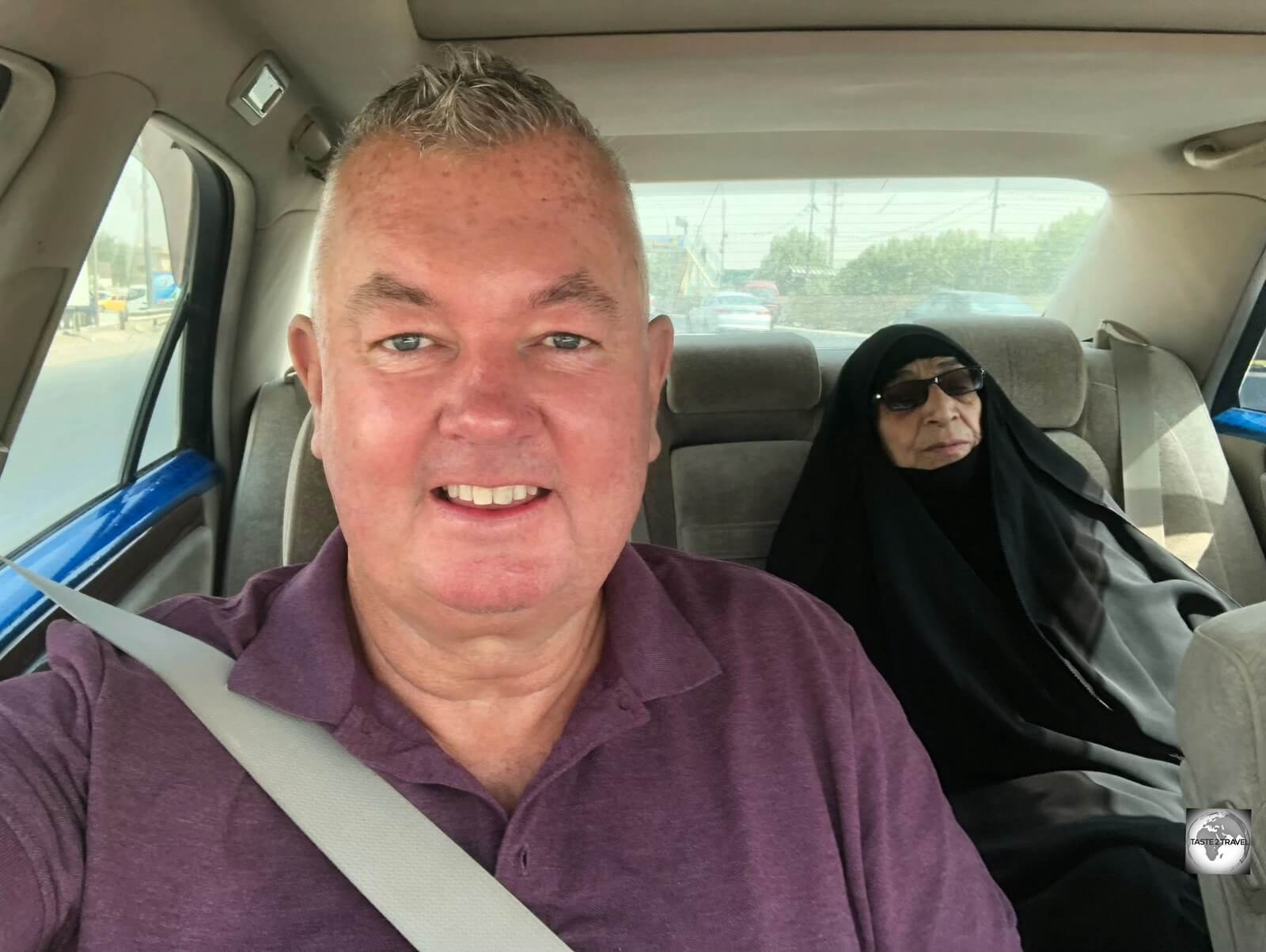 Myself, and an elderly lady - who never stopped talking, riding in a shared taxi from Baghdad to Karbala.