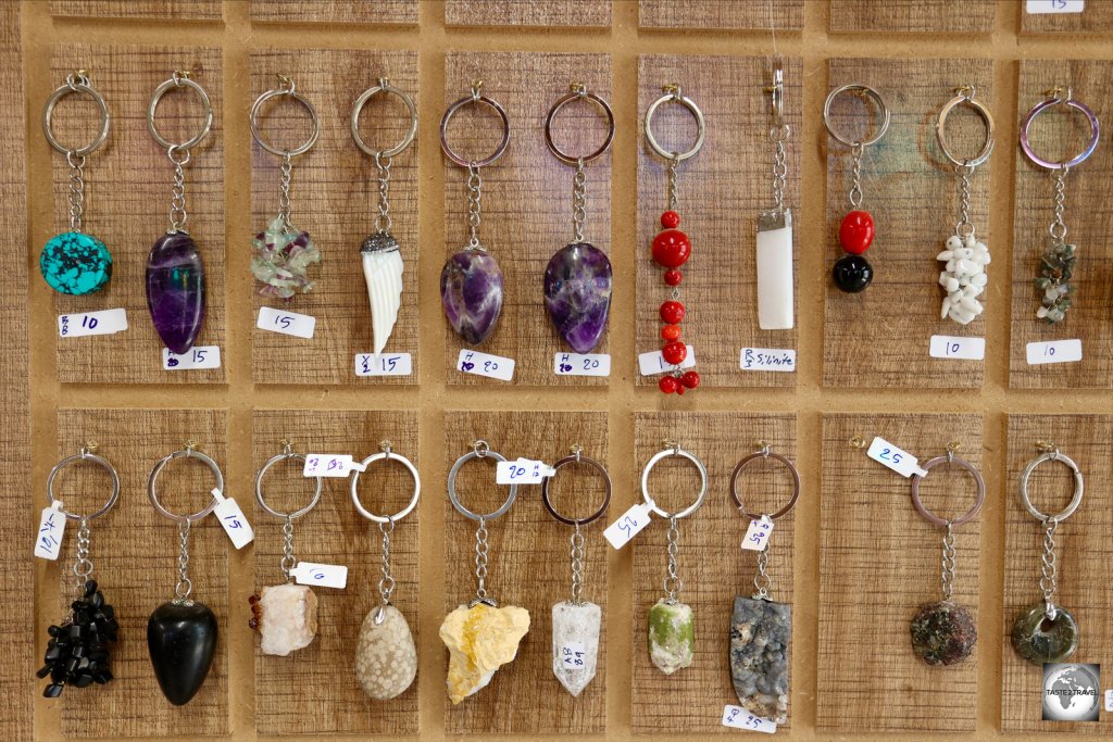 Souvenir gemstone keyrings for sale in the gift shop at the Erbil Stones and Gemstones Museum.