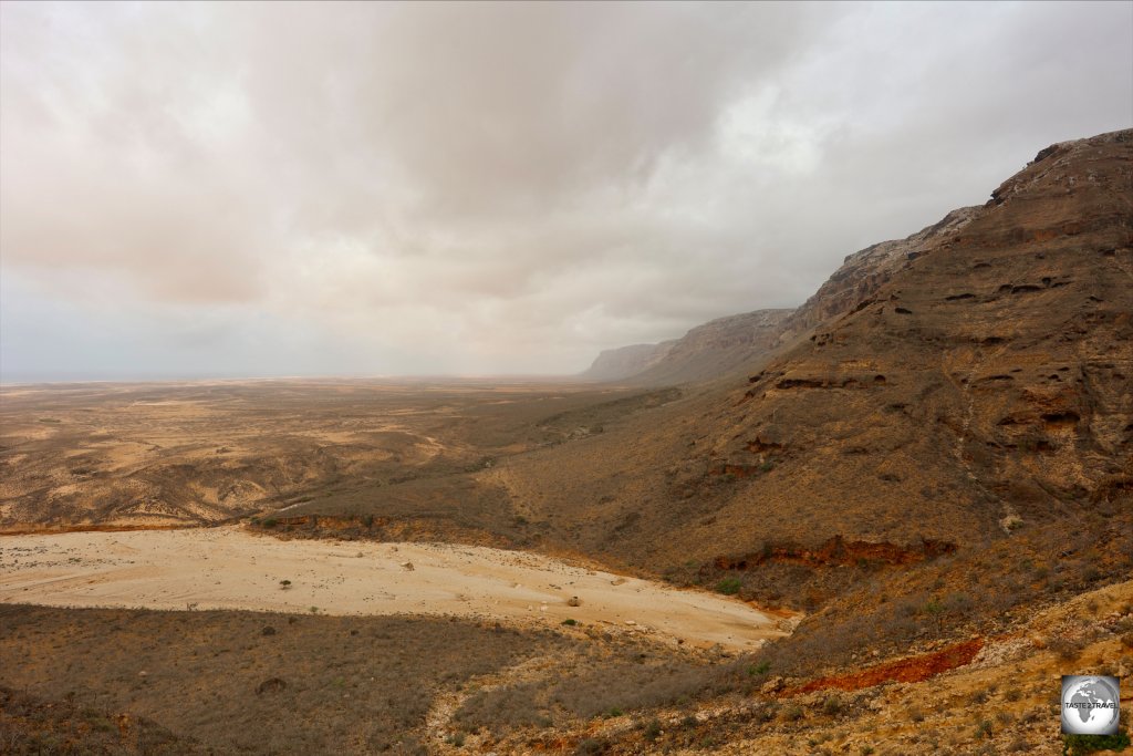 The vast limestone plateau rises up from the narrow coastal plain on the south coast of Socotra.