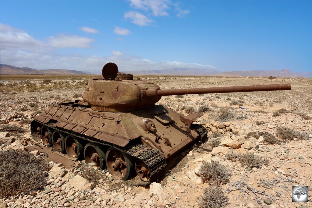 One of many rusty Russian T-34 tanks which line the north coast of Socotra.