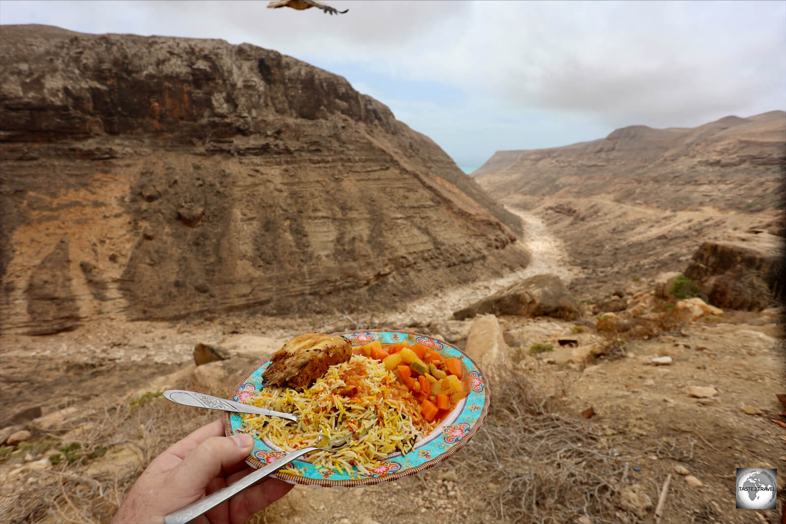 My Kingfish lunch, with a view of the Kalysan Canyon and a vulture overhead.