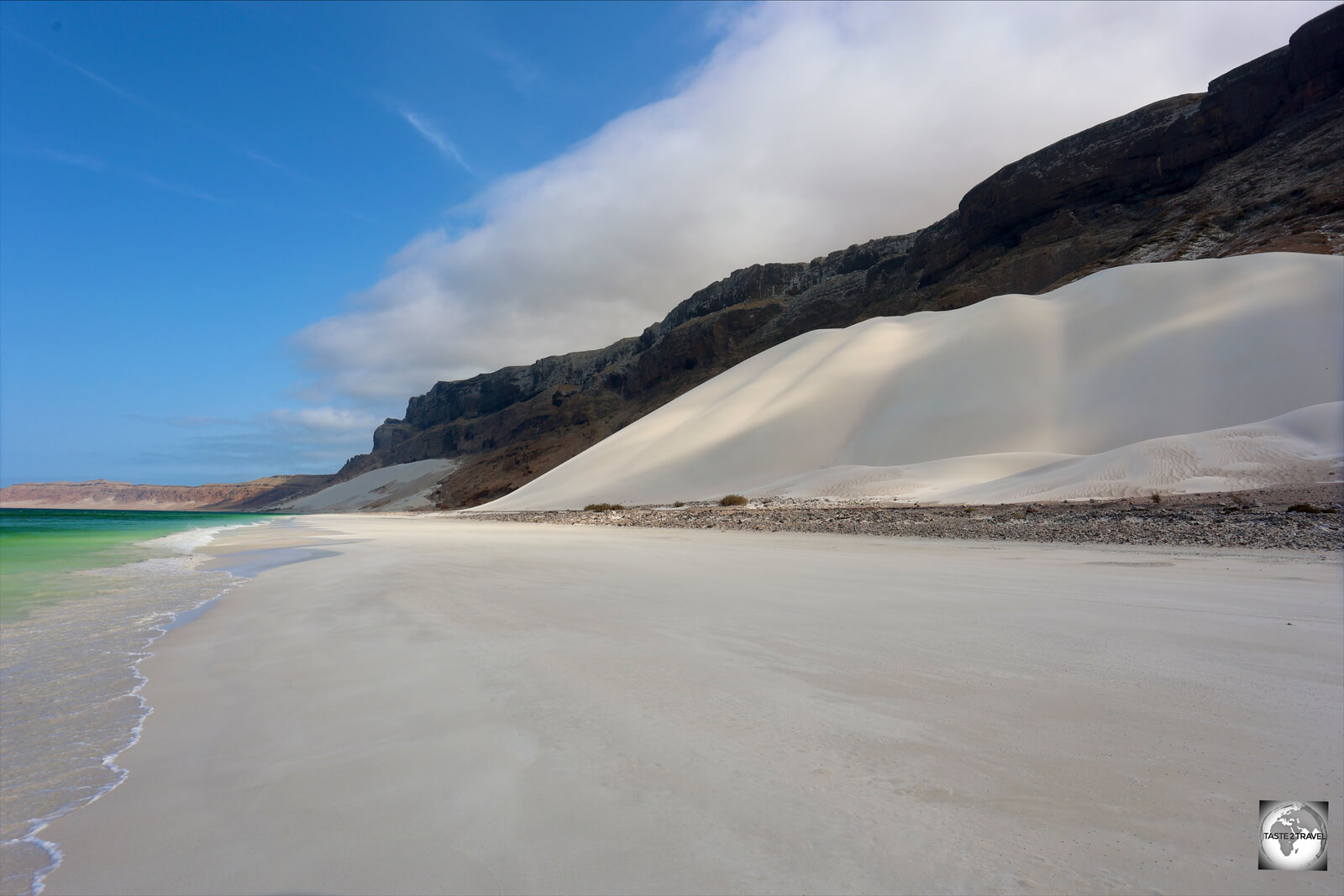 A highlight of the east coast of Socotra are the towering white sand dunes which have been blown against the walls of the limestone massif at Arher beach.