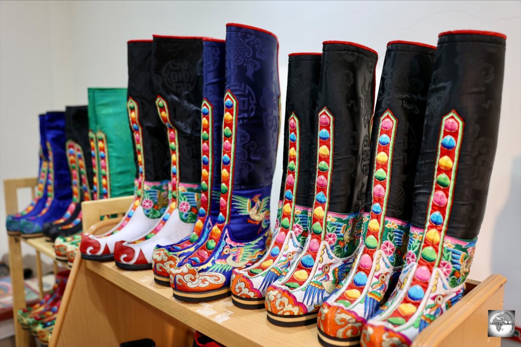 Traditional Bhutanese boots, on sale in the gift shop at the Gagyel Lhundrup Weaving Centre in Thimphu.