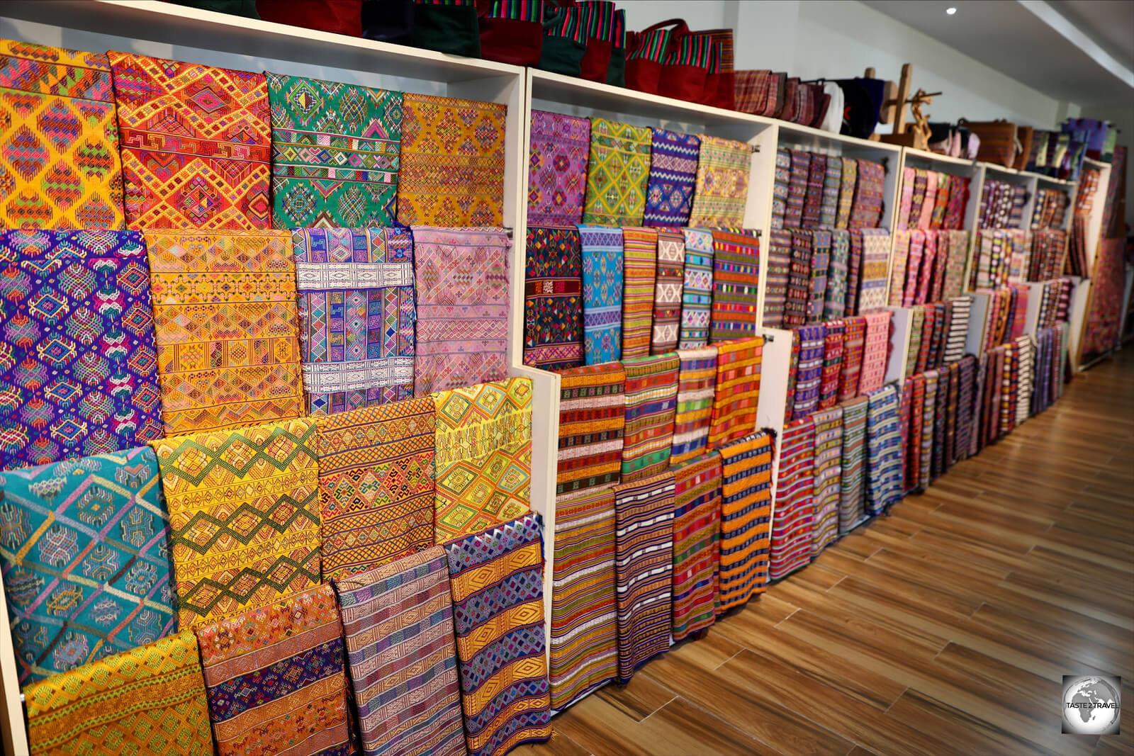 A range of exquisite handwoven fabrics, on sale at the Gagyel Lhundrup Weaving Centre in Thimphu.