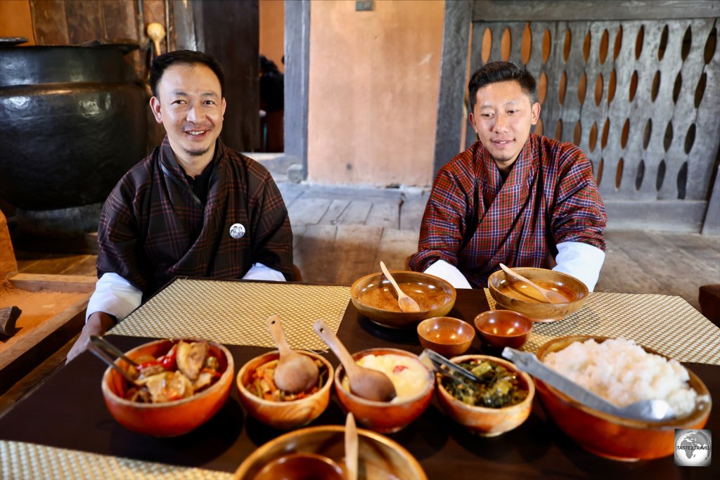Lunchtime at the Babesa restaurant with my guide, Jamyang (left) and driver. Thukten.