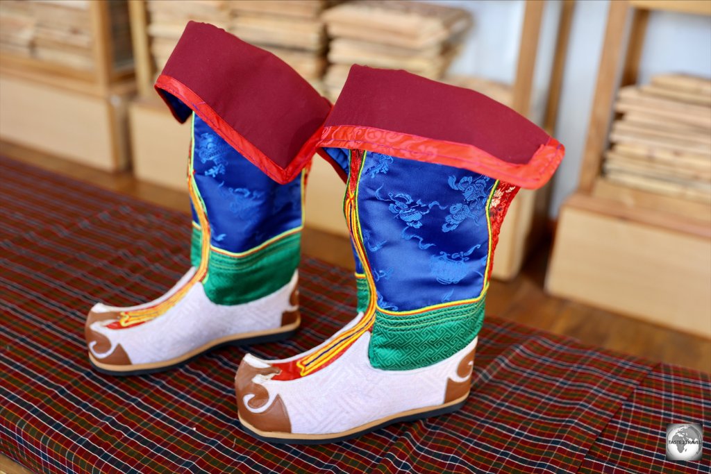 Handmade traditional boots for sale at the National Institute for Zorig Chusum.