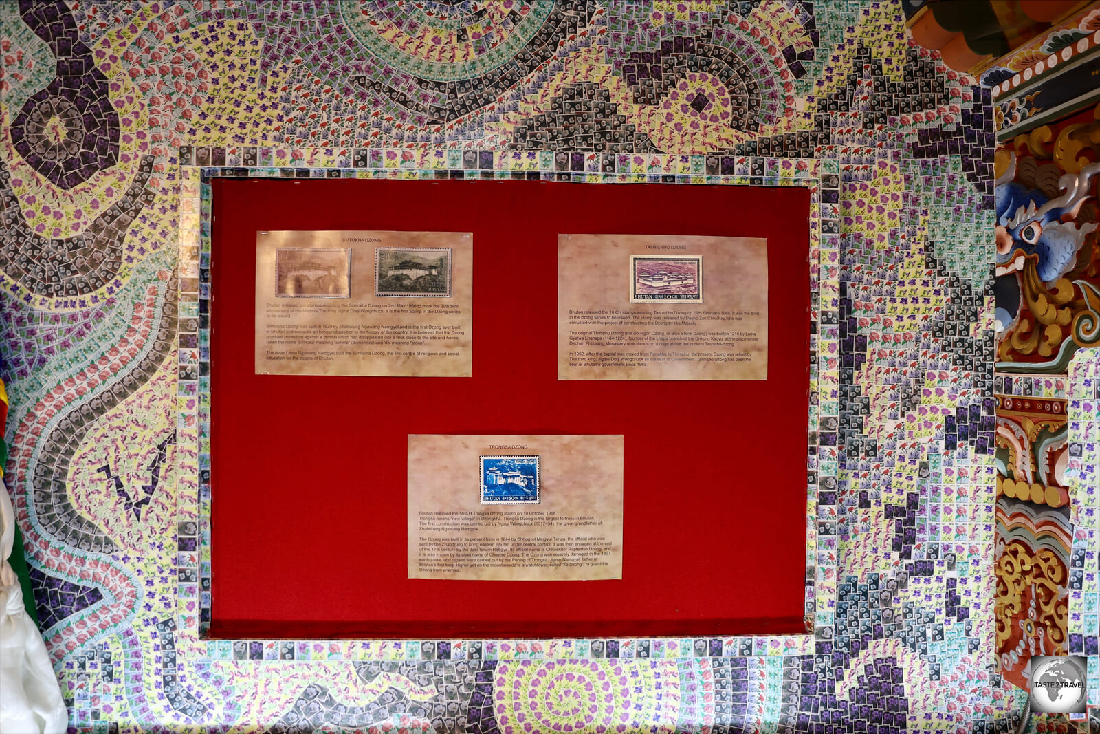 An entire wall of the Bhutan Postal Museum is decorated with stamps.