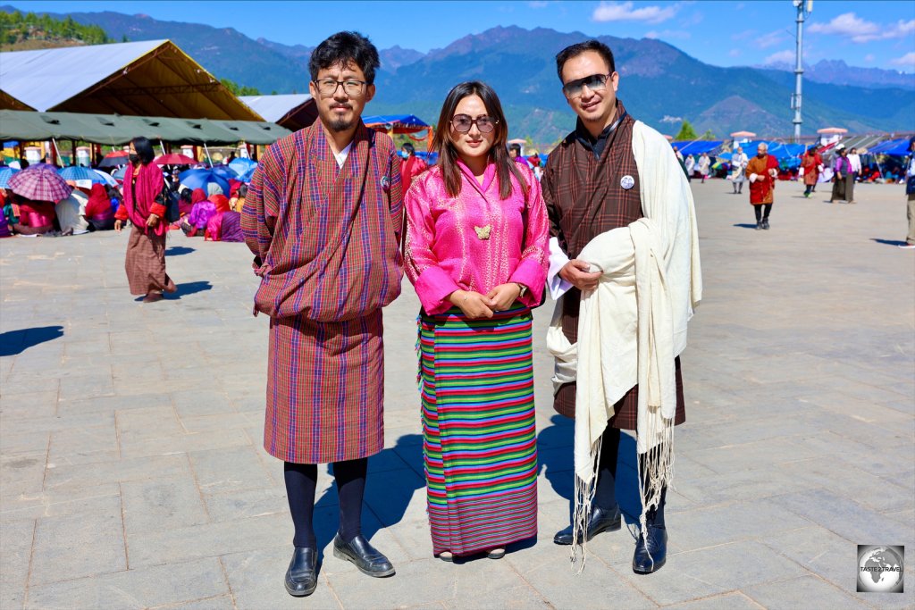 Always impeccably dressed, my guide Jamyang (right) with two fellow guides at the Buddha Dordenma temple.