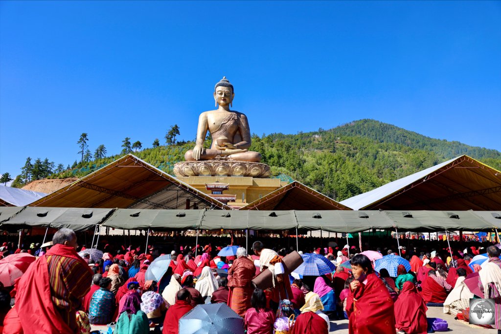 During the month of October, thousands of worshippers gather at Buddha Dordenma to hear prays from the religious leader of Bhutan.