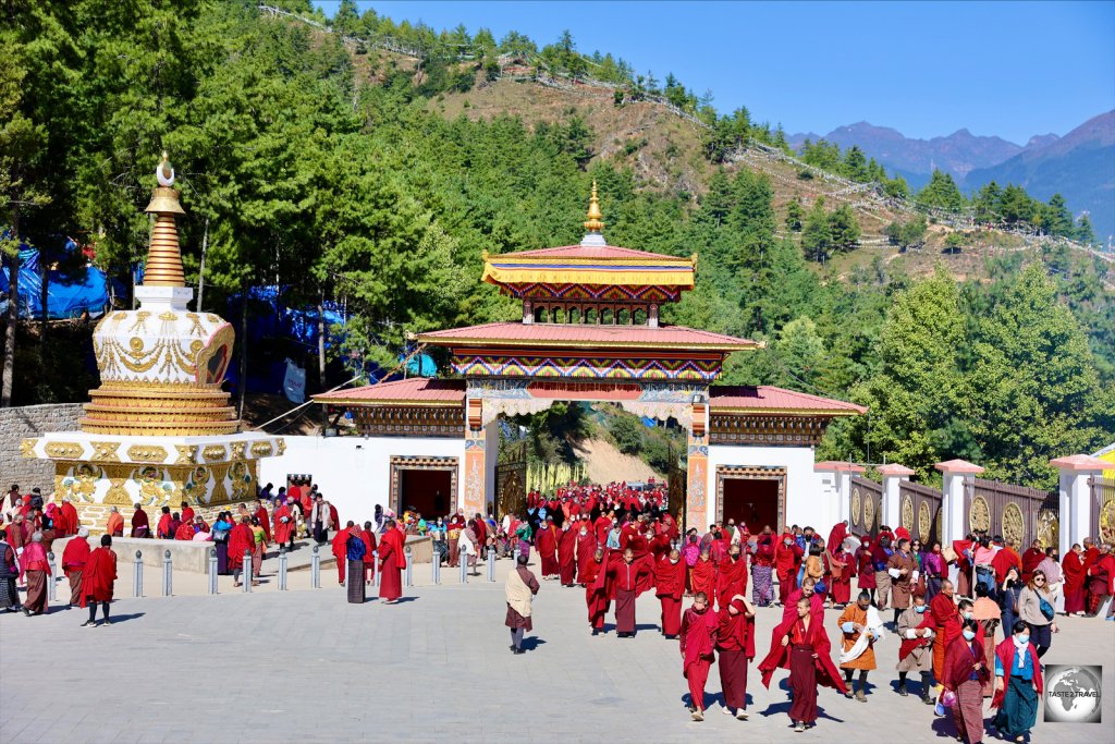 Pilgrims arriving at the Buddha Dordenma temple to hear prays from the religious leader of Bhutan.