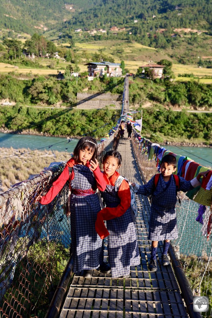 The Punakha suspension bridge is used by local school kids whose school is located on the other side of the river.