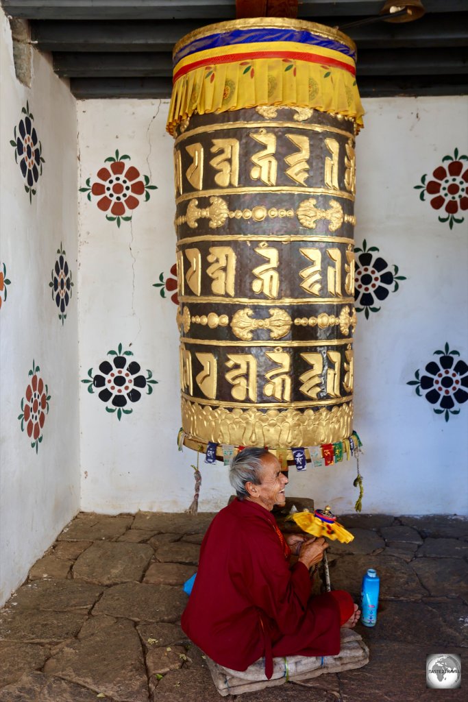 A prayer wheel at Chimi Lhakhang.