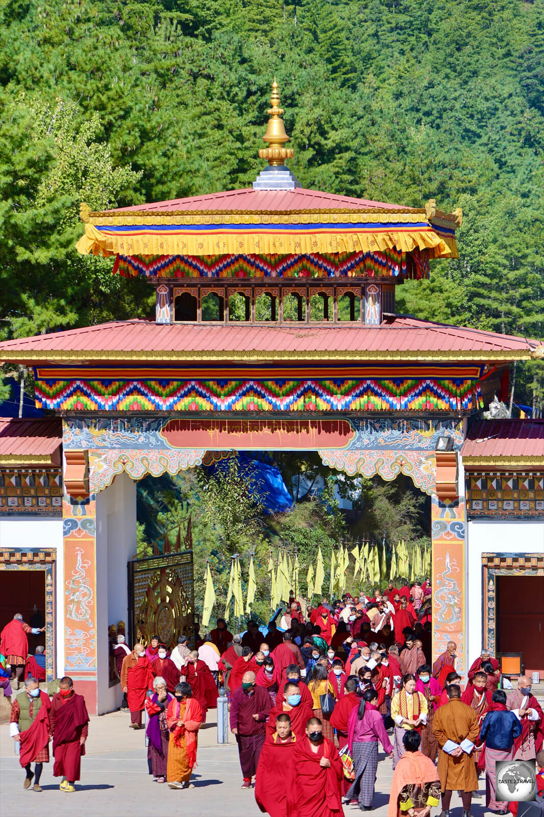 Worshipers entering the Buddha Dordenma temple.