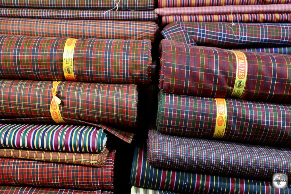 Imported from India, these rolls of fabric are used for making Bhutanese traditional clothing.