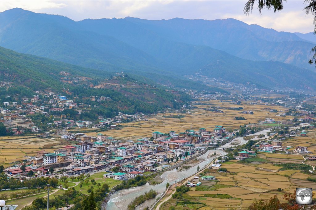 A view of Paro Valley and the Paro River from the National Museum of Bhutan.