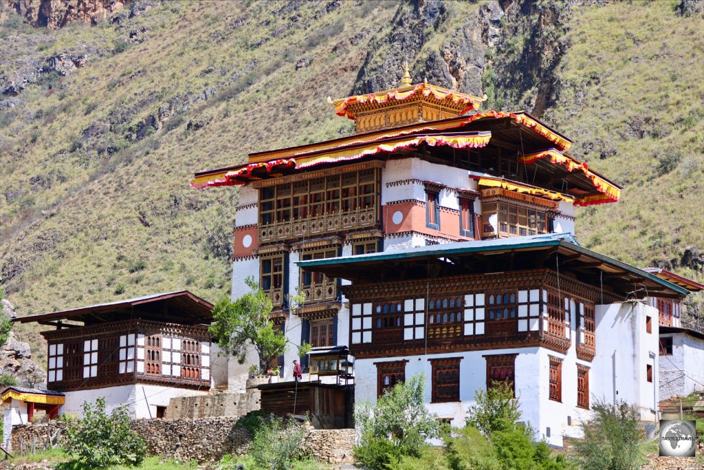 A view of the Tachog Lhakhang (temple) from across the Paro River.