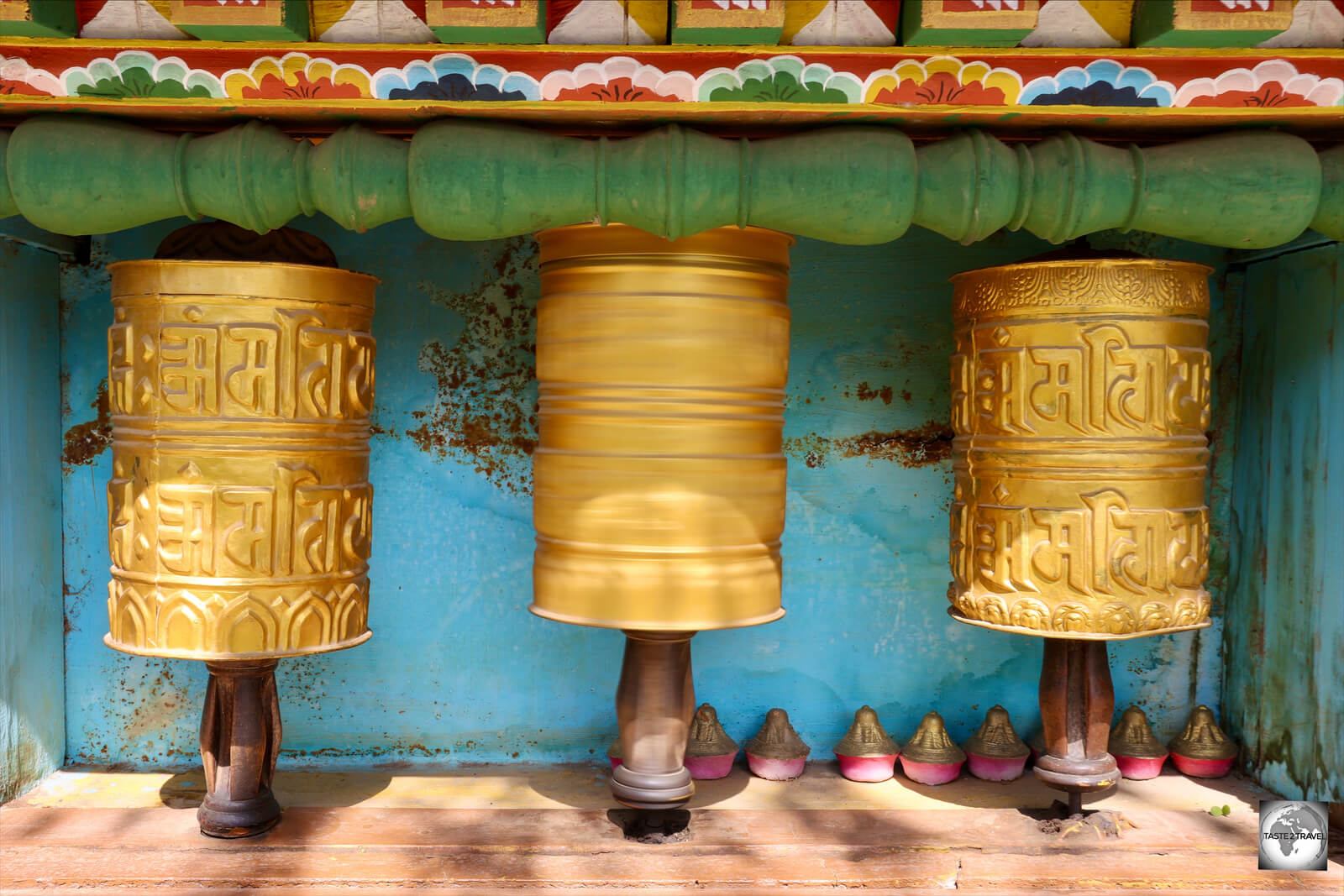Prayer wheels at Khuruthang Lhakhang.