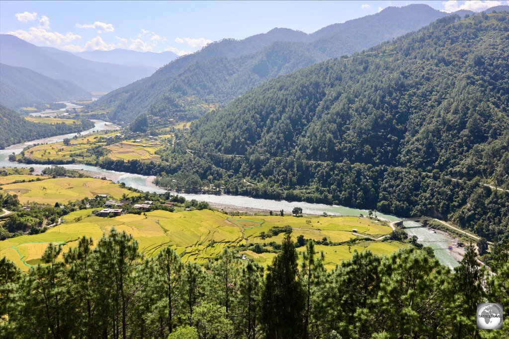Panoramic views of the Punakha Valley from the rooftop terrace.