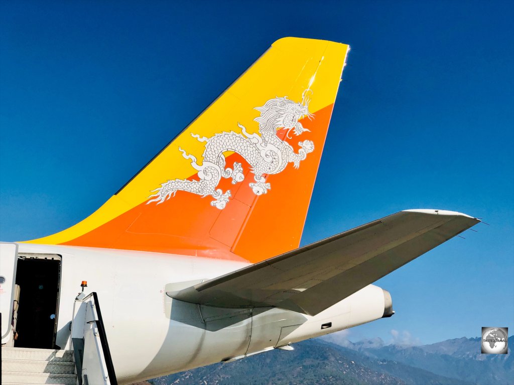 The flag of Bhutan features on the livery of the national airline, Druk Air.