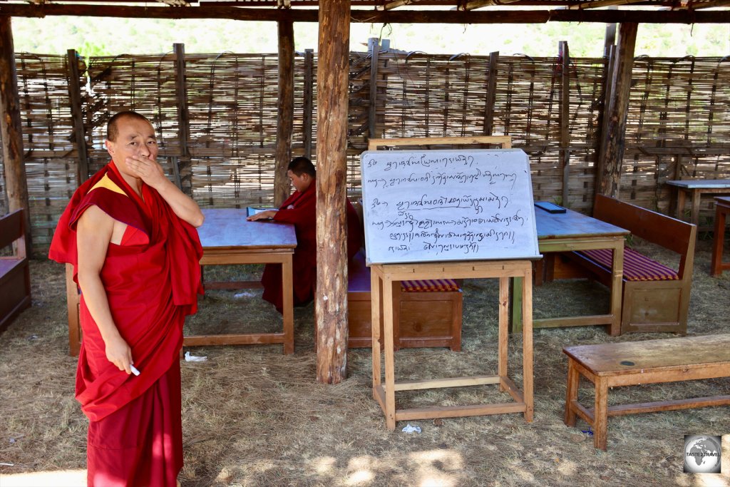 A monk, teaching an outdoor class at Chimi Lhakhang.