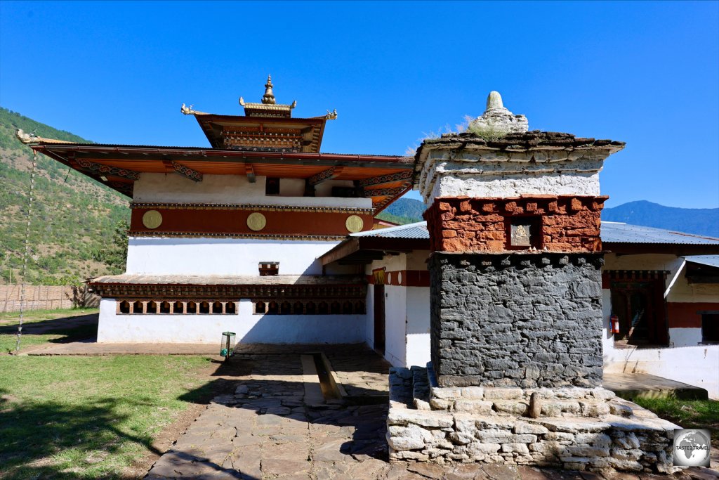 A view of Chimi Lhakhang and its unique black stupa - the only one in Bhutan.