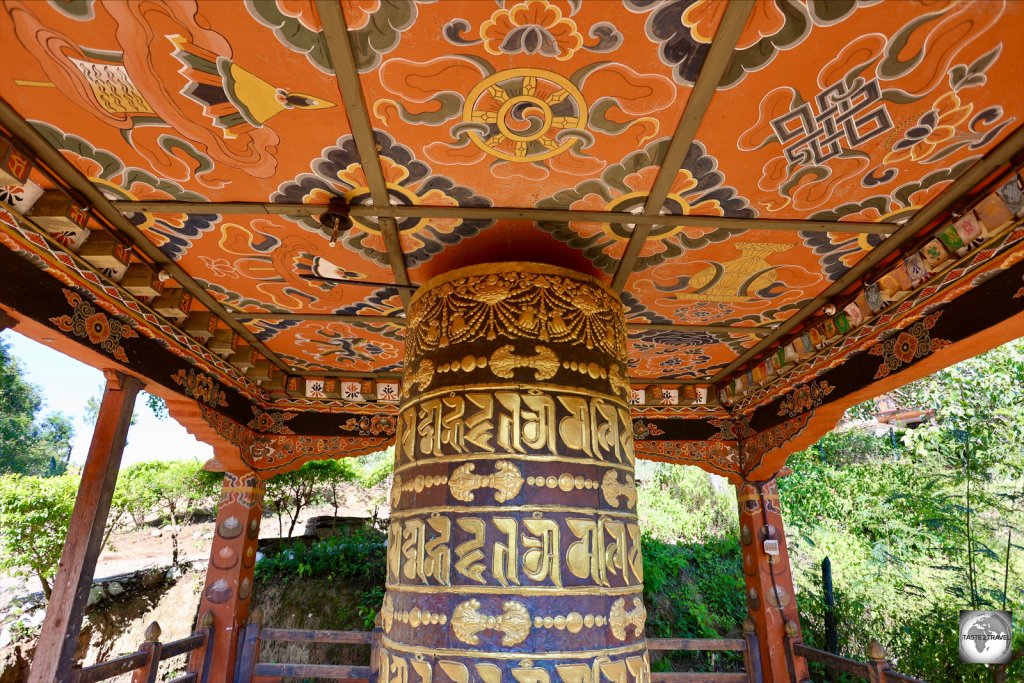 A prayer wheel at Chimi Lhakhang.