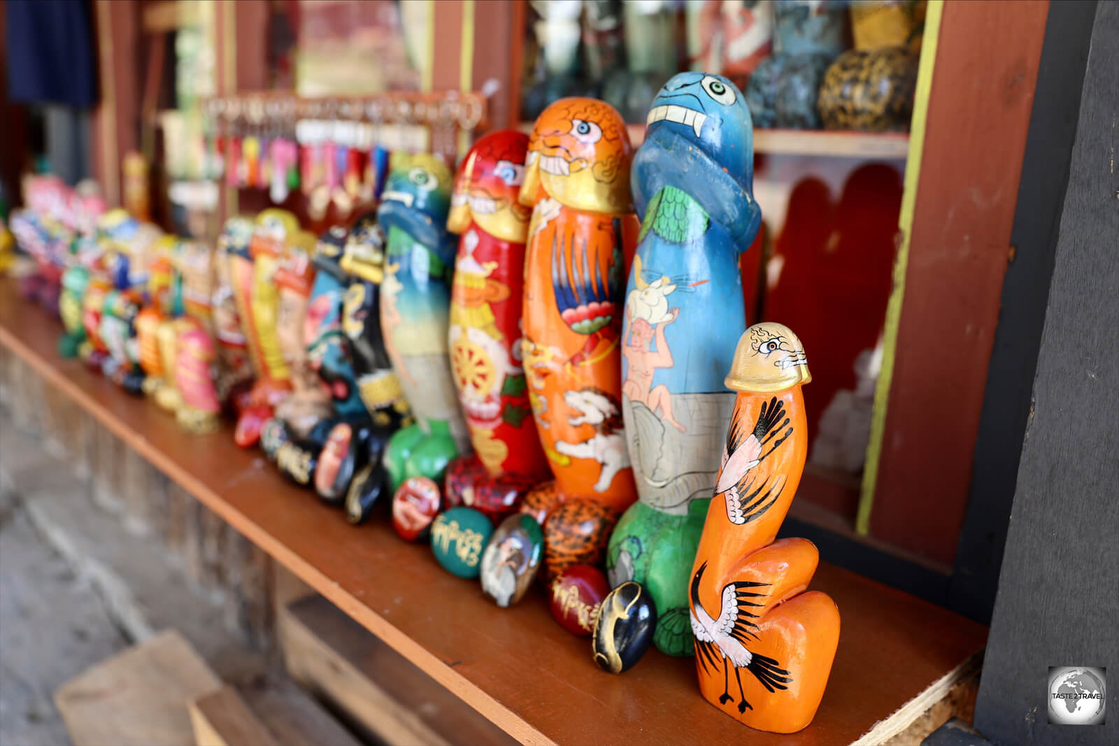 Decorated phalluses for sale in a gift shop in Lobesa.