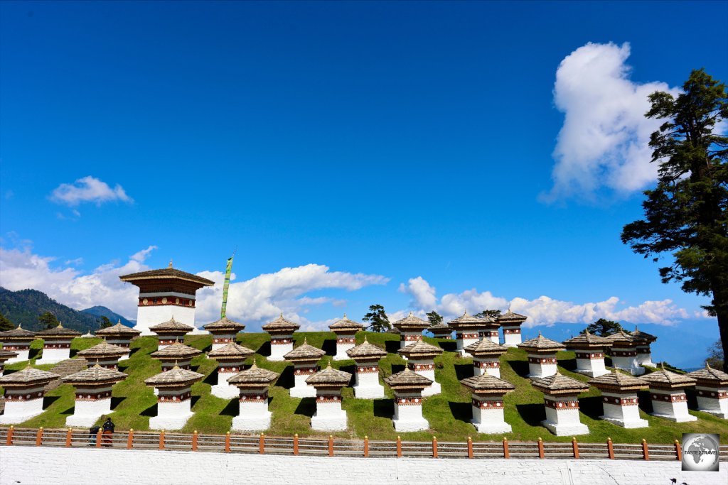 The 108 Druk Wangyal Chortens were installed on a hillock Dochula Pass in 2003 as a memorial.