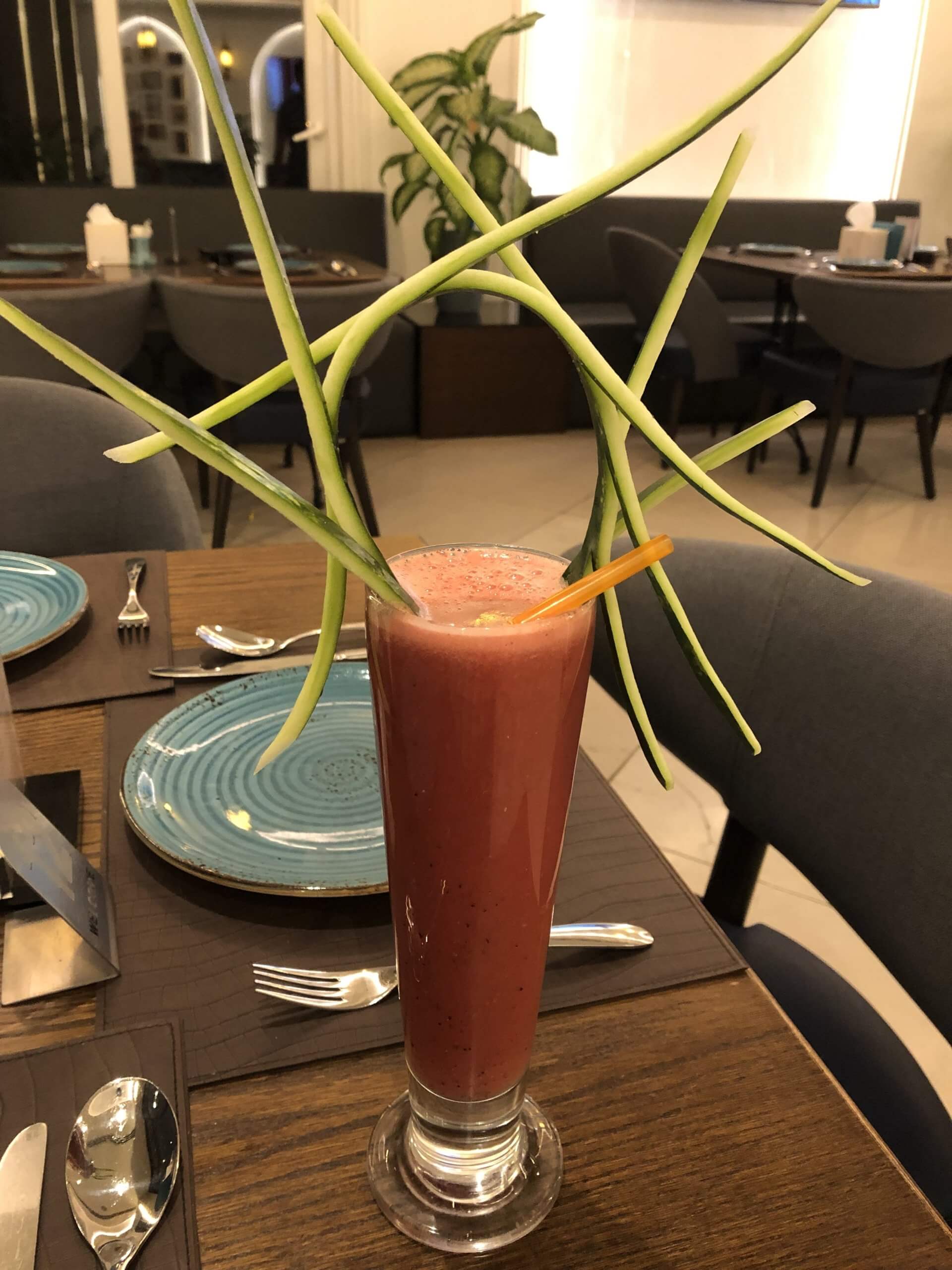 Watermelon juice served with flair at the rooftop restaurant at the Andalus hotel.