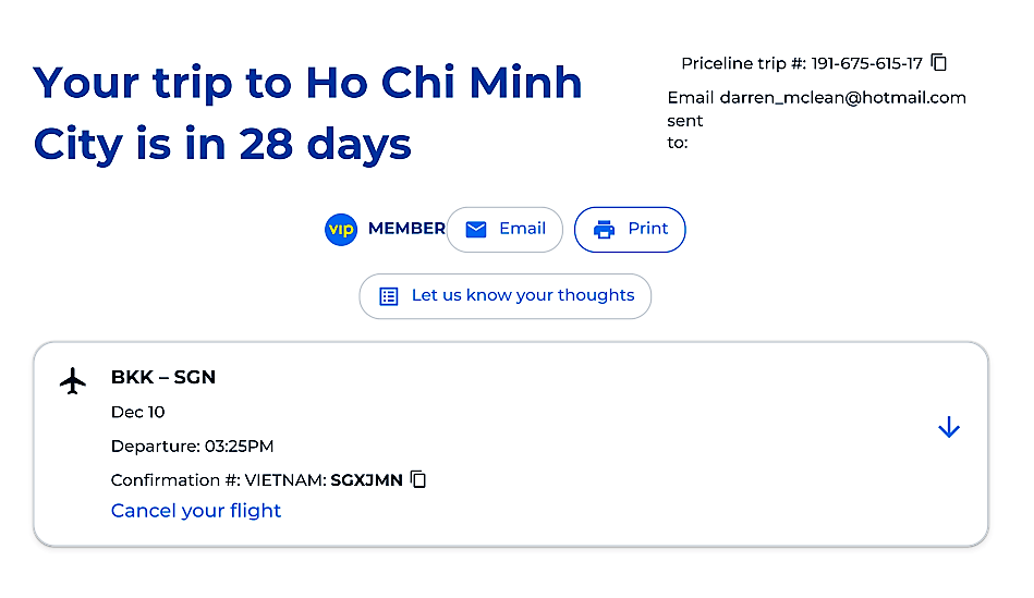 Flight ticket purchased through Priceline with the 'Cancel Your Flight' option clearly shown.