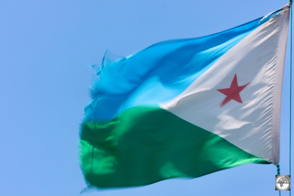 The Djiboutian flag flying at the Djibouti Palace Kempinski hotel.