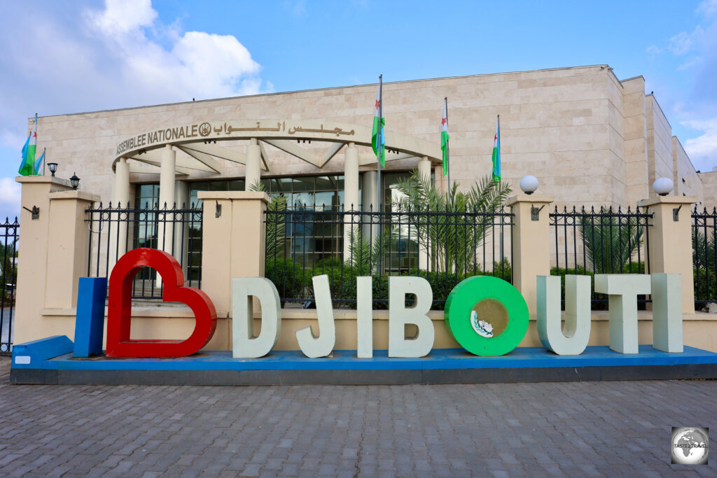 "I Love Djibouti", outside the National Assembly Building (parliament) in Djibouti City.