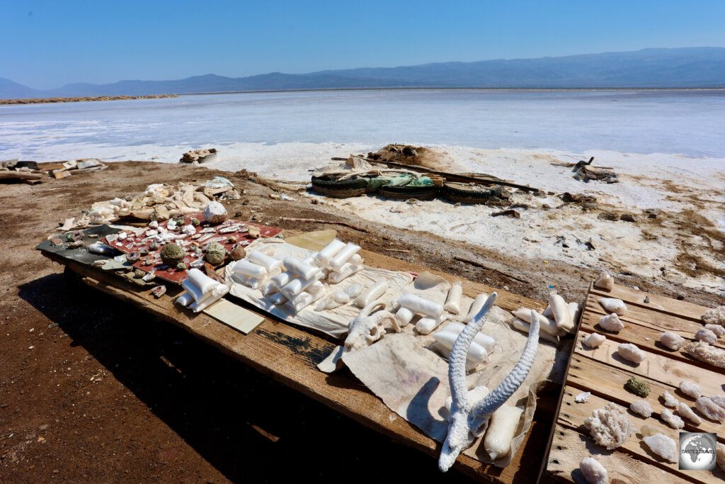 Bags of salt and salt-encrusted animal skulls for sale at a souvenir stand at Lake Assal.